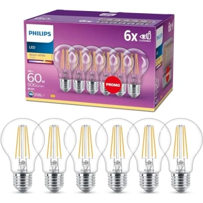 Image of Philips LED Premium Classic A60 Light Bulbs 6 Pack [E27 Edison Screw] 7W 60W Equivalent Warm White (2700K), Non Dimmable.