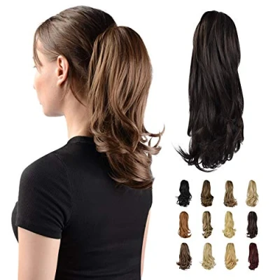 Image of Sofeiyan 13&quot; Ponytail Extension Long Curly Clip in Claw Hair Natural Looking Synthetic Hairpiece for Women,Darkest Brown Tend to Black