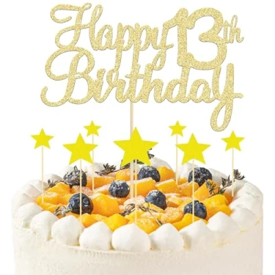 Image of 8 Pcs Gold Happy 13th Birthday Cake Topper, 1 Topper and 7 Star Cupcake Toppers, Glitter for Anniversary Party Supplies
