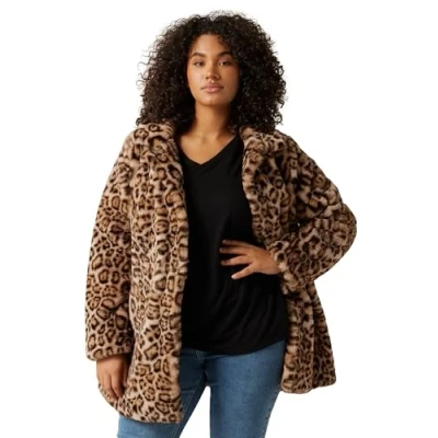 Image of EVANS Curve Natural Leopard Print Faux Fur Coat Women&#039;s Plus Size
