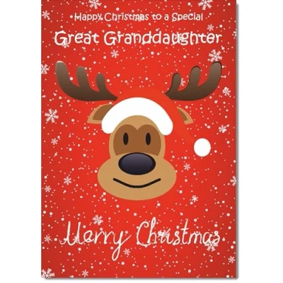 Image of doodlecards Great Granddaughter Christmas Card Rudolph on Red Background Medium Size for with Plain Envelope