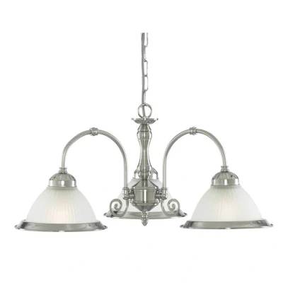 Image of American Diner 3 Light Multi Arm Ceiling Pendant Satin Silver, Acid Ribbed Glass, E27