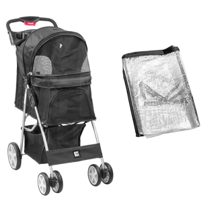 Image of KCT Hooded Foldable Pet Dog Cat Stroller with Waterproof Rain Cover Black 4 Wheel Travel Carriage Safety Leash, Canopy, Cup Holder, Storage Tray