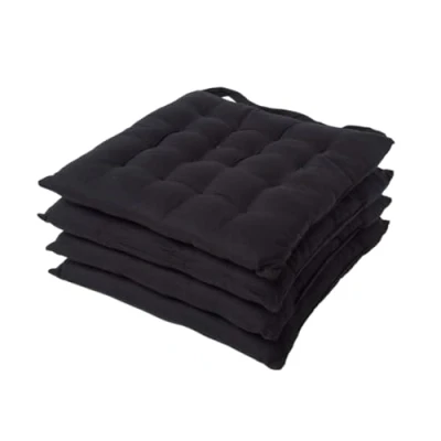 Image of HOMESCAPES Black Seat Pads for Dining Chair, Set of 4 100% Cotton Chair with Straps, 40x40 cm