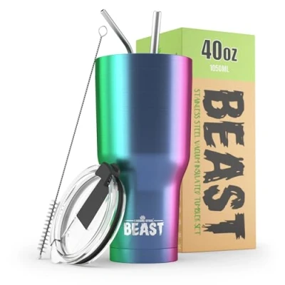 Image of Beast Tumbler 1050 ml (40 oz), Rainbow Reusable Stainless Steel, Vacuum Insulated Cup with + 2 Straws &amp; Cleaning Brush Double Wall Travel Flask Perfect for Hot or Iced Coffee BPA Free