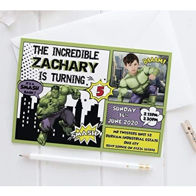 Image of 10 Personalised The Hulk Birthday Party Invitations PHOTO Marvel Invites Superhero Cards Incredible