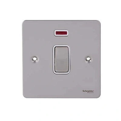Image of Schneider Electric Ultimate Flat Plate Single Light Switch, with Neon Indicator, Double Pole, 32A, GU4231WPN, Pearl Nickel White Insert