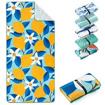 Image of Fit Flip microfibre beach towel large lightweight, compact and super absorbent sand free quick dry towel, 100% recycled travel Lemon Flowers 200x90cm
