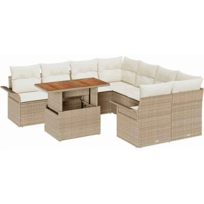 Image of vidaXL 9 Piece Garden Sofa Set with Cushions Beige Poly Rattan