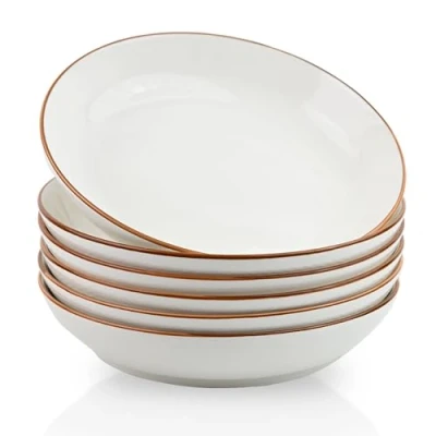 Image of ALLUSEIT Pasta Bowls Set of 6, White Grid Pattern Porcelain Salad Plate, 8&quot; 27oz Ceramic Kitchen Bowl Plates for Serving Soup, Noodle, Dinner etc. Microwave &amp; Dishwasher Safe