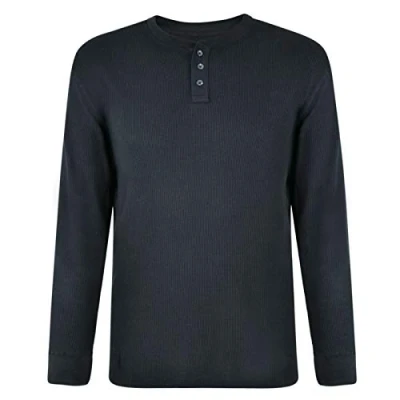 Image of Paradise Mens Waffle TOP Crew Neck Long Sleeve EX UK Store S 5XL Button UP Stretch New Black