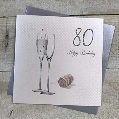 Image of WHITE COTTON CARDS 80 Happy, Handmade 80th Birthday Card, Champagne/Silver