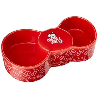 Image of Hello Kitty Dog Bowl, Ceramic Food &amp; Water Bowl Dishwasher Safe Microwave Feeding Station Double Red Bowtastic Design