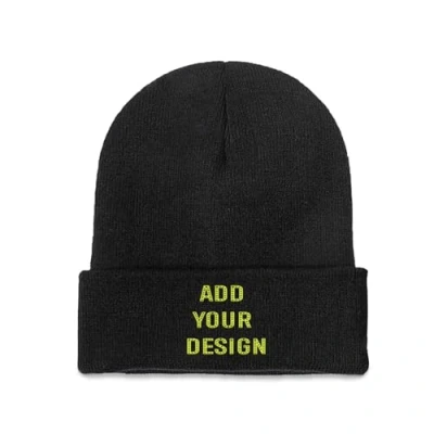 Image of Soft Knit Beanie Cap Your Own Picture Text Logo Mens Womens Unisex Hats Black