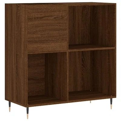 Image of vidaXL Brown Oak Record Cabinet Stylish Engineered Wood Storage Unit with Industrial Iron Feet for Vinyl LP Records and Electronics