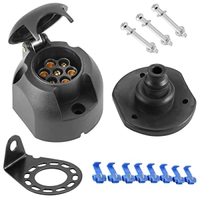 Image of SPARKMOTO 7 Pin Trailer Socket,12V 7Pin Female Socket With Mounting Bracket Rubber Gasket Kit, Towbar Towing Waterproof Connector Wiring For Car Semitrailers (Side Flat)