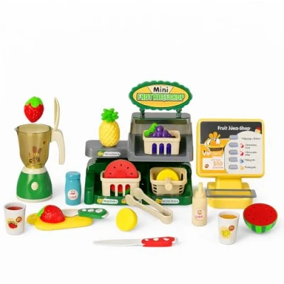Image of Coo11 25 Pcs Set Kids Grocery Store, Cash Register Shop, Cutting Fruit Set, Shopping Basket, Pretend Mixer Juicer and Accessories, Suitable for 3 to 8 Years Old