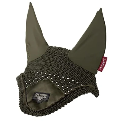 Image of LeMieux Loire Crochet Fly Hood with Comfortable Lycra Ears in Oak Luxurious Satin Fabric Front Piece X Large