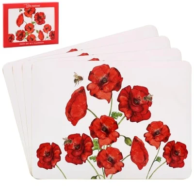 Image of 4pcs Red Poppies Cork Placemats Bee tanical Floral Series Flower Heat Resist