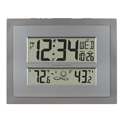 Image of La Crosse Technology 512 85937 INT Atomic Digital Wall Clock with Temperature &amp; Forecast in Gray/Silver