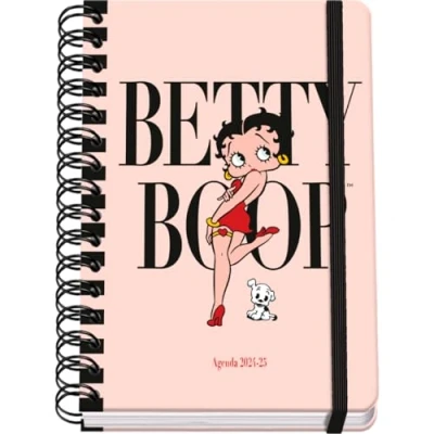 Image of Dohe School Diary 2024 2025 Week View, Size A5 (15 x 21 cm), Ring Closure and Rubber, Spanish English, 4 Sticker Pages, September to June, Supplies Betty Boop