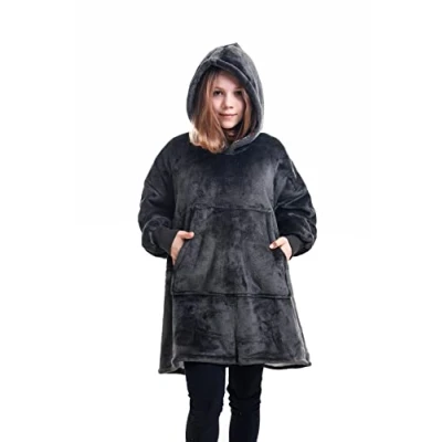 Image of 1ABOVE 75cm Oversized Sherpa Hoodie Ultra Soft Hooded Super Warm Comfortable Sweatshirt Fleece Cosy Comfy for Children Blanket with Sleeves and Pocket (DARK GREY)