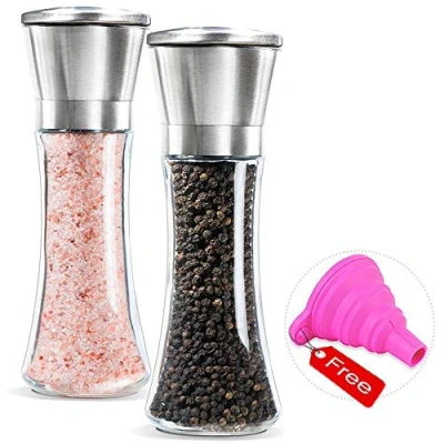 Image of Salt and Pepper Mills, Amison Stainless Steel Grinder Mill Set 5 Grade Precision Adjustable Ceramic Rotor with Free Funnel (2 Pack Mills)