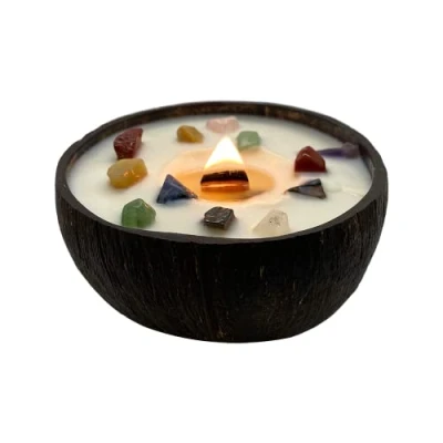 Image of Vie Naturals Handmade Candle in a Natural Coconut Shell, Chakra Gemstones
