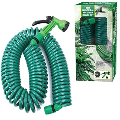 Image of Retractable Garden Coil Hose Pipe Expandable 7 Function Water Spray Gun Flexible Plant &amp; Flower Watering Patio Decking Cleaning (30M)