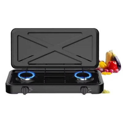 Image of HLGKBY Camping Double Burner Stove, 4.4KWCamping Stove Gas Portable with Lid,Outdoor Cooker LPG,Adjustable Temperature Control, Automatic Ignition System for Picnic, Barbecue,