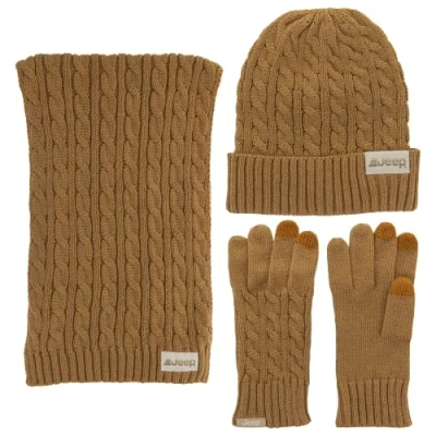 Image of Jeep Unisex&#039;s Men&#039;s and Women&#039;s 3 Piece Cable Knit Scarf, Beanie, Gloves Set One Size Fits Most Winter Accessory, Tan