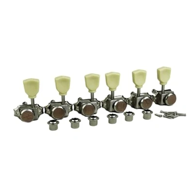 Image of Guyker 3x3 Vintage Style Locking Guitar Machine Heads 1:15 Ratio Lock String Nickel Deluxe Tuning Key Pegs Tuners Set Replacement for Electric, Acoustic or Folk Guitars GK44sp, White Button