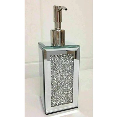 Image of Biznest Crushed Crystal Diamond Silver Mirrored Glass Soap Dispenser Cream Pump Diamante 18.7x6.Cm