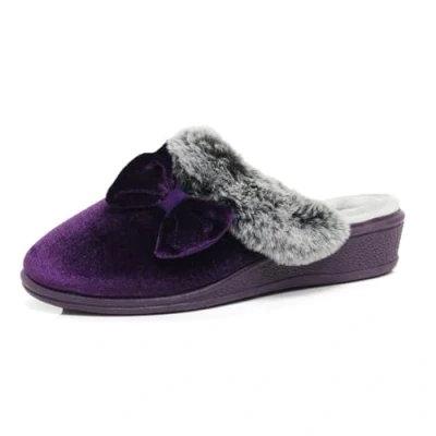 Image of DUNLOP Women&#039;s Ladies Pamela Memory Foam Backless Low Wedge Heel Mule Slipper in Navy Blue or Lilac Size 3,4,5,6,7,8 (Purple Bow, UK Footwear System, Adult, Women, Numeric, Medium, 3)