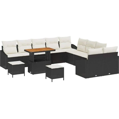Image of vidaXL 13 Piece Garden Sofa Set with Cushions Black Poly Rattan Acacia