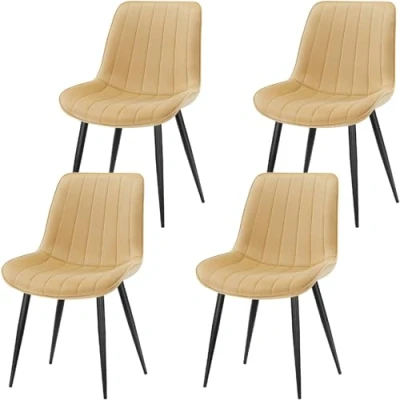 Image of LONGTOO Set of 4 Dining Chairs with Velvet Upholstered Seat &amp; Backrest,Stable Metal Legs,Modern Stripe Design,Champagne
