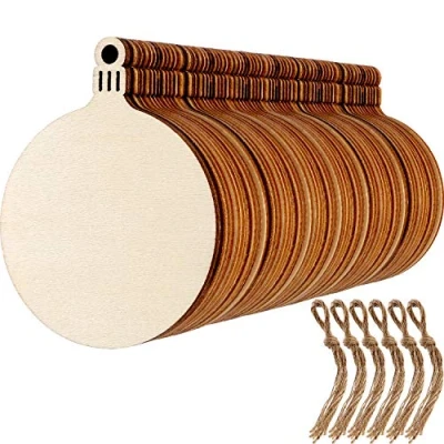 Image of Blulu 60 Pieces Christmas Wooden Ornaments Round Wood Slices Snowflake Angel Shape with Cords for DIY Crafts New Year Tree Pendant
