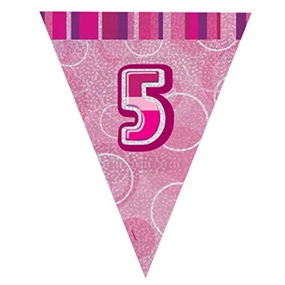 Image of Unique Party 92125 9ft Foil Glitz Pink Happy 5th Birthday Bunting Flags