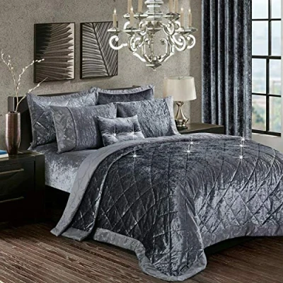 Image of 3 Piece Quilted Bedspread Crushed Velvet Comforter Luxury Bed Throw with Pillow Sham Bedding Set Grey King