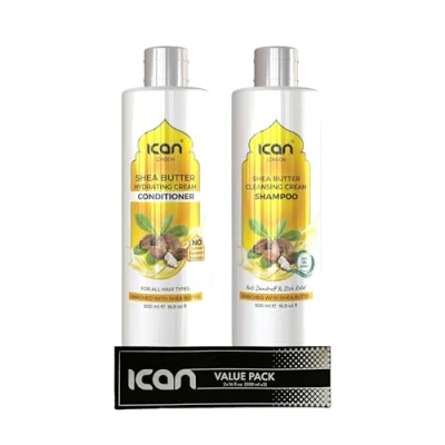 Image of ican London Shea Butter Sulfate Free Cleansing Cream Shampoo + Hydrating Conditioner Duo Pack 500ml Each