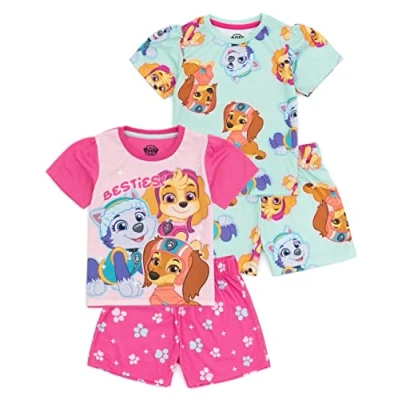 Image of Paw Patrol Girls Pyjama Set 2 Pack Multicoloured Short Sleeve T Shirt Complete with Shorts PJs For Kids Skye Everest Liberty Rescue Pups Nightwear TV Series Sleepwear Merchandise Gift