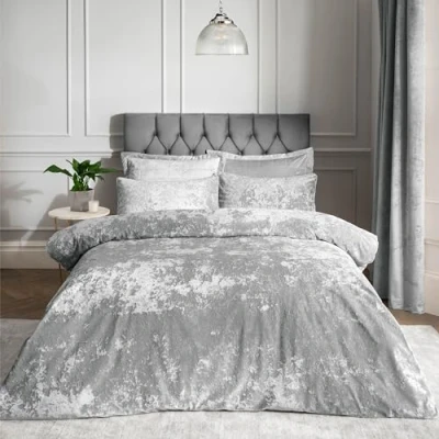 Image of Catherine Lansfield Crushed Velvet Double Duvet Cover Set with Pillowcase Silver Grey