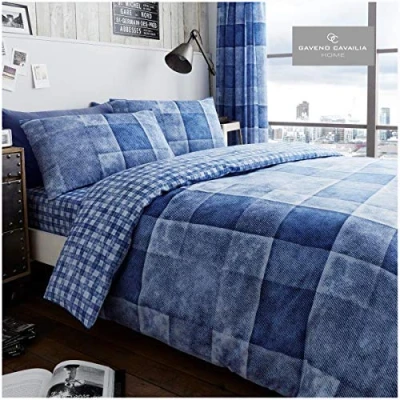 Image of Gaveno Cavailia Contemporary Gingham Style Duvet Cover Quilt Bed Set With Pillow Case, Reversible, Poly Cotton, Denim Check Blue, Double Size Bedding