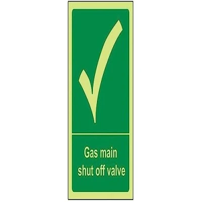 Image of VSafety 23012AG G &quot;Gas Main Shut Off Control Valve&quot; Safe Condition General Sign, Glow In The Dark, 1 mm Plastic, Portrait, 100 x 150 mm, Green