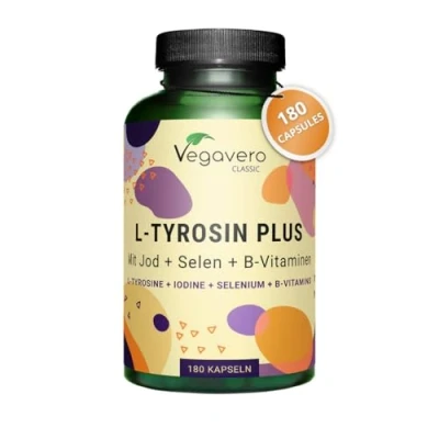Image of Vegavero L Tyrosine 1200 mg with Iodine, Selenium &amp; B Vitamins Brain Focus Supplement 180 Capsules Vegan