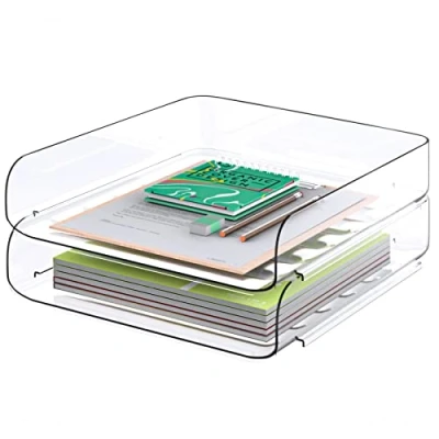 Image of Tomorotec Desk Letter Tray Set, A4 Size Clear PET Stackable Document Organizer Office Desktop File Paper Holder Book Storage Rack Side Load Anti Skid Stacking Support Convex Bottom (2X Portrait)