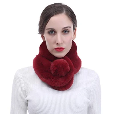 Image of Lina &amp; Lily Unisex Winter Fur Collar Scarf with Pom Soft Fluffy (Burgundy)