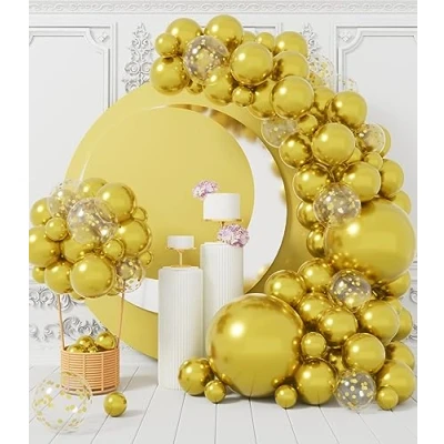 Image of Metallic Gold Balloon Arch Kit: 100 Pcs Party Balloons Garland Kit Different Sizes with Confetti Latex Ribbons DIY for Wedding Graduation Bachelor Birthday Decoration