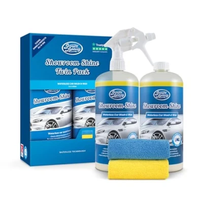 Image of Greased Lightning Showroom Shine Waterless Car Wash and Wax Twin Pack, Easy Fast, No Water, Premium Shine, Protects Cleans, for Cars, Caravans, Motorbikes, 1 Litre x 2 Plus Microfibre Cloths