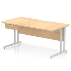 Image of Impulse 1600 x 800mm Scalloped Edge Straight Office Desk Maple Top Silver Cantilever Leg Workstation 1 Drawer Fixed Pedestal
